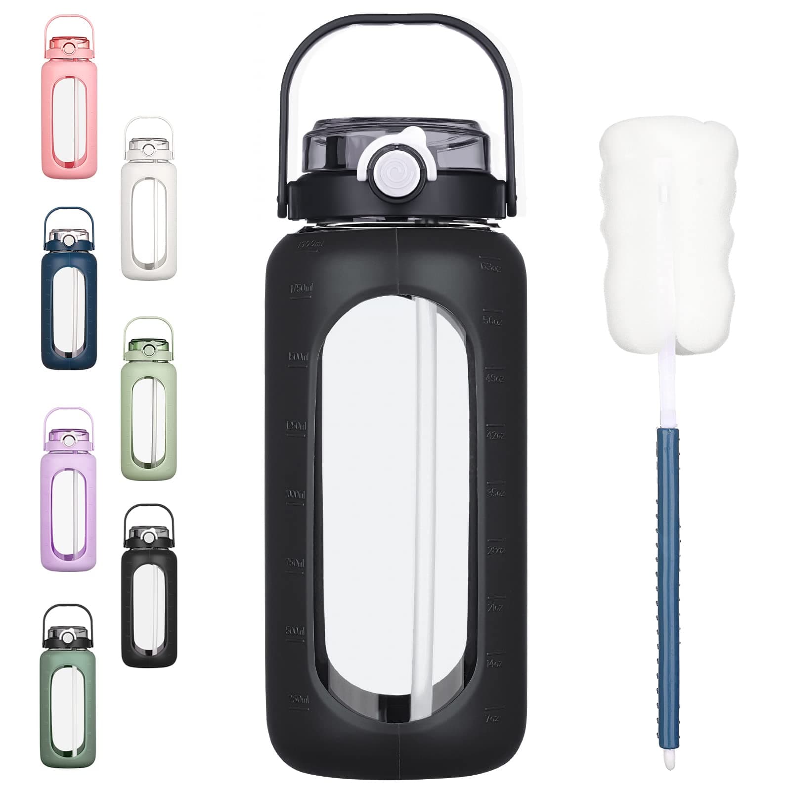 BLUEGO 64oz Glass Water Bottle with Straw & Time Marker, Black