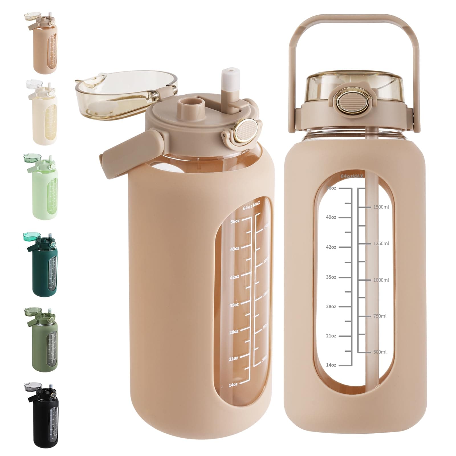 Sierozur 64oz Glass Water Bottle with Straw Lid & Handle Motivational Sleeve Workout Jug