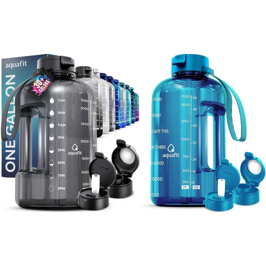 AQUAFIT 2-Pack Half Gallon Water Bottle with Time Marker & Straw Lid - Plus 1 Gallon