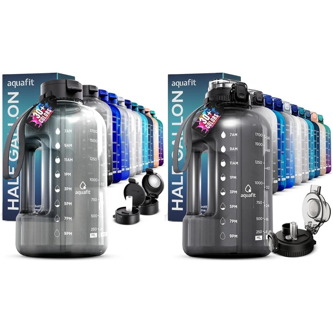 AQUAFIT 2 Pack - 2 x 64 oz BPA Free Gym Water Bottle with Handle & Time Marker Straw
