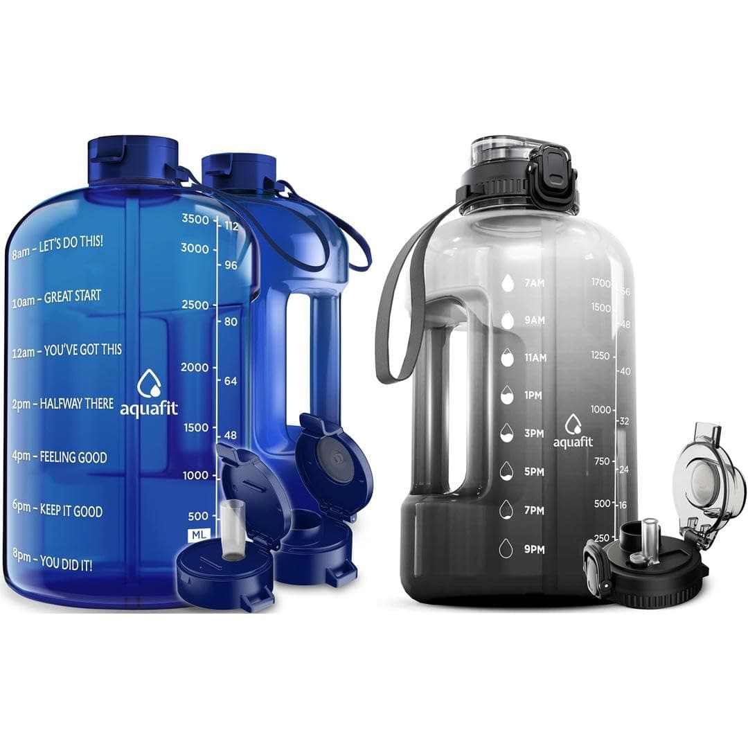 AQUAFIT 2 Pack - Half & Gallon Water Bottles with Time Markers - Straw & Chug Lid