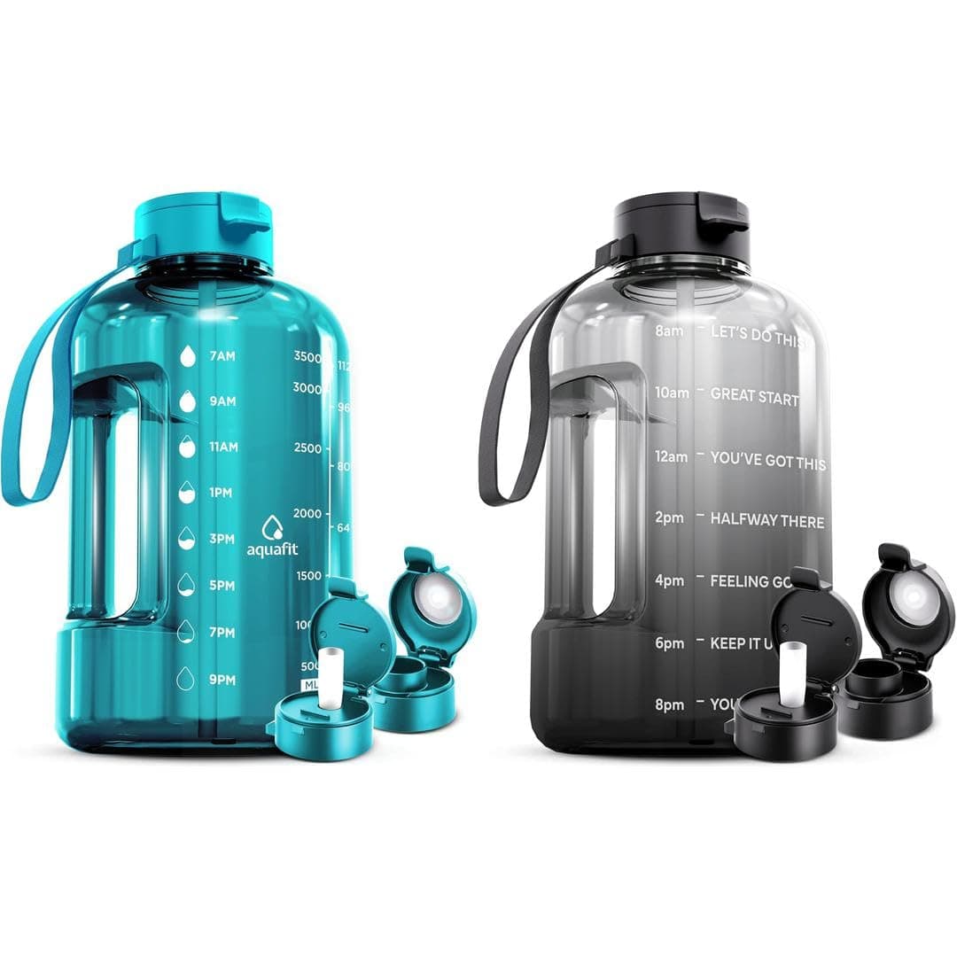 AQUAFIT 2 Pack - 1 Gallon Water Bottle With Time Marker and Straw - BPA Free Gym Jug