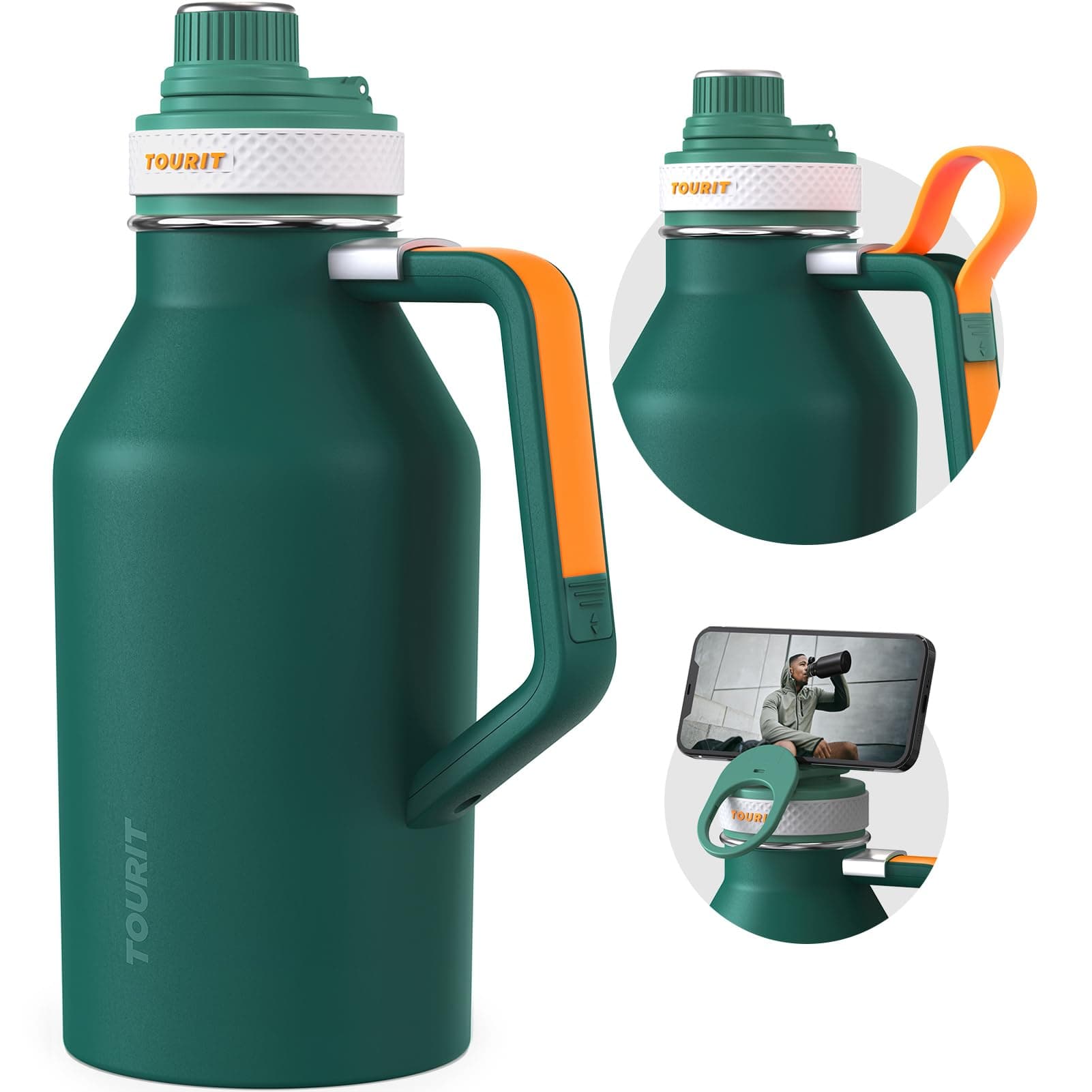 TOURIT 64oz Insulated Stainless Steel Water Bottle, Cold & Hot Hold, Wide Mouth Green