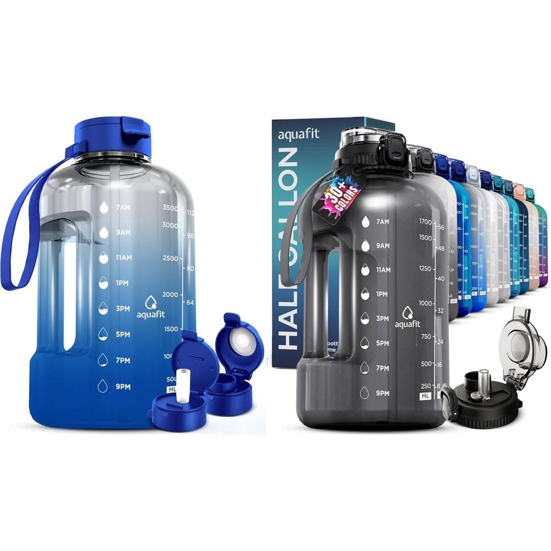 AQUAFIT 2-Pack Water Bottles, Time Markers, Straw & Chug Lid - Plus 1 Gallon
