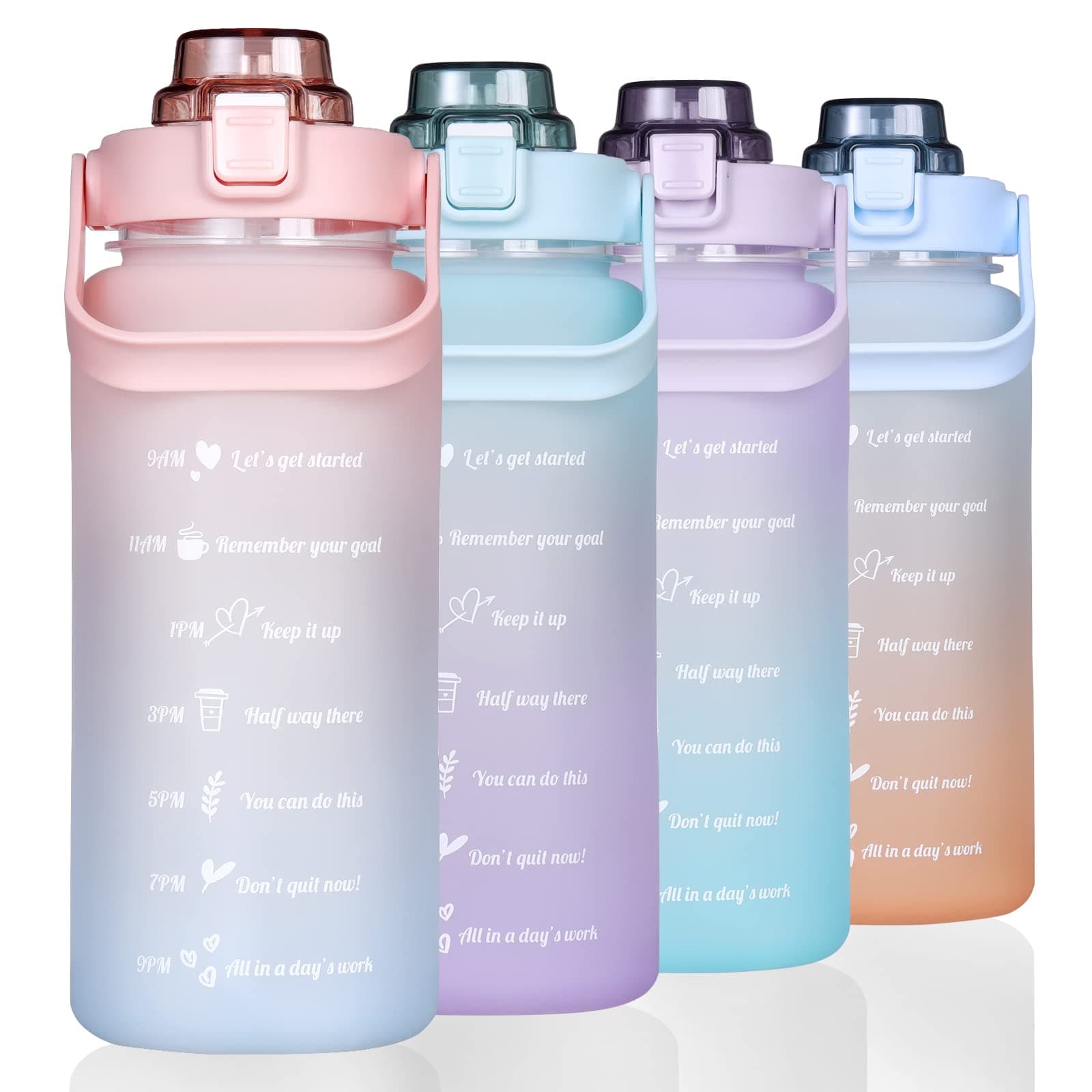 Motivational Straw Water Bottle, BPA Free, 64 Oz (Pink/Blue)