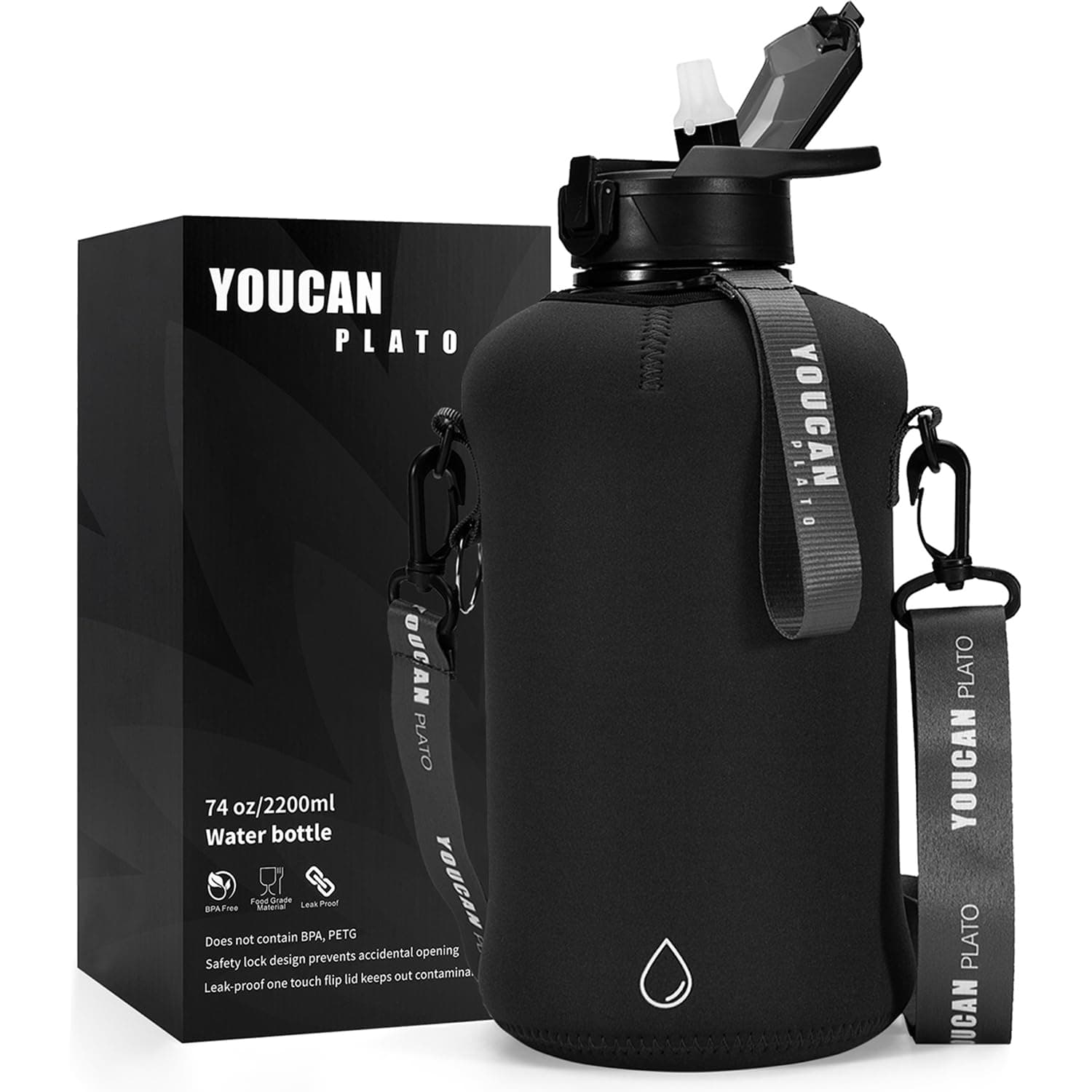 YOUCAN PLATO 74 oz Large Water Bottle with Straw, Black - BPA Free, Leakproof, Gymulongjug