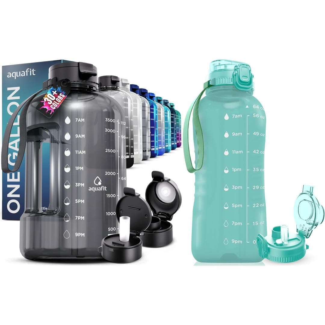 AQUAFIT 64 oz Water Bottle with Time Marker - 2in1 Straw & Chug Lid