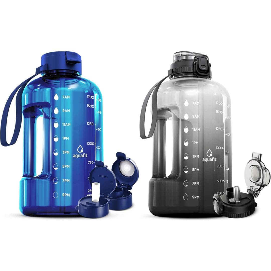 AQUAFIT 2 Pack - 64 oz Straw Water Bottles with Time Marker