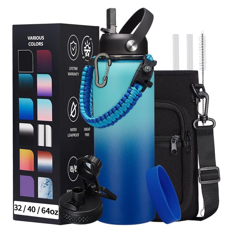 1 Gallon Stainless Steel Insulated Water Bottle with Strap & Sleeve, Straw Lid & Boot Protection — Green Blue Gradient