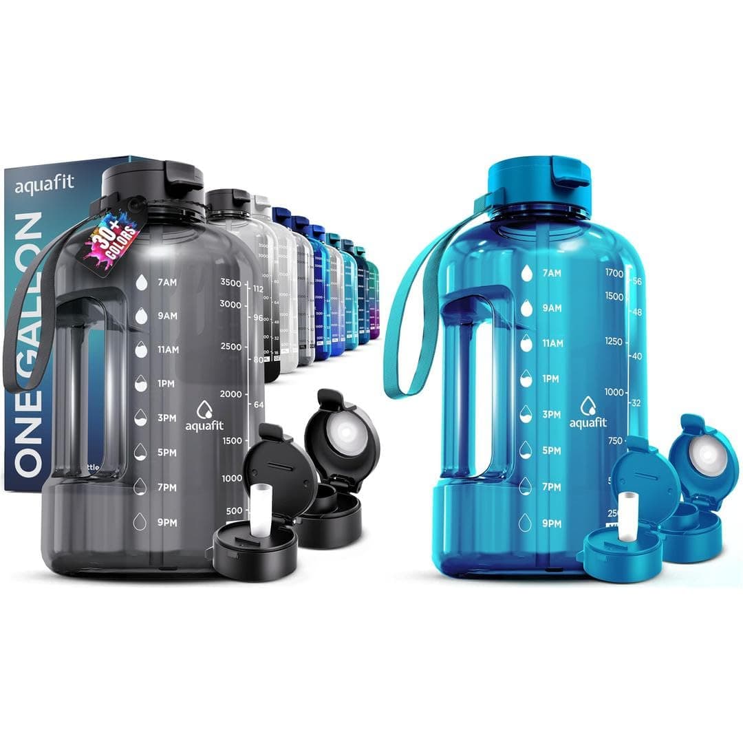 AQUAFIT 2 Pack: Half Gallon & 1 Gallon Water Bottles With Time Markers