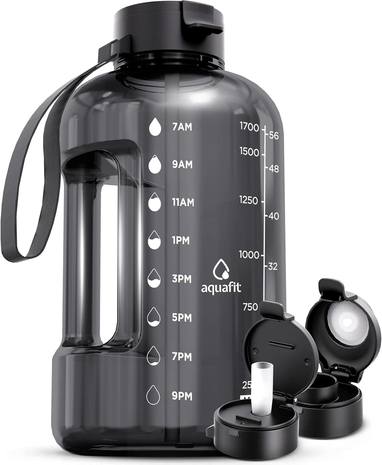 AQUAFIT 64 oz Water Bottle with Time Marker - Gym and Fitness Lovers - Easy Carry with Straw Lid, BPA Free and Half Gallon Capacity (Gray, 64 Ounces)  
AQUAFIT 64 oz Water Bottle with Time Marker - Perfect for Workouts - Large Capacity Straw Bottle w