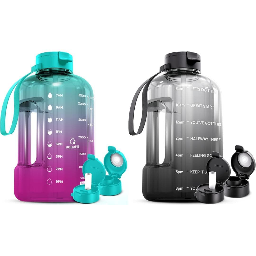 2 Pack AQUAFIT 1 Gallon Water Bottle With Time Marker and Straw - BPA Free Gym Jug