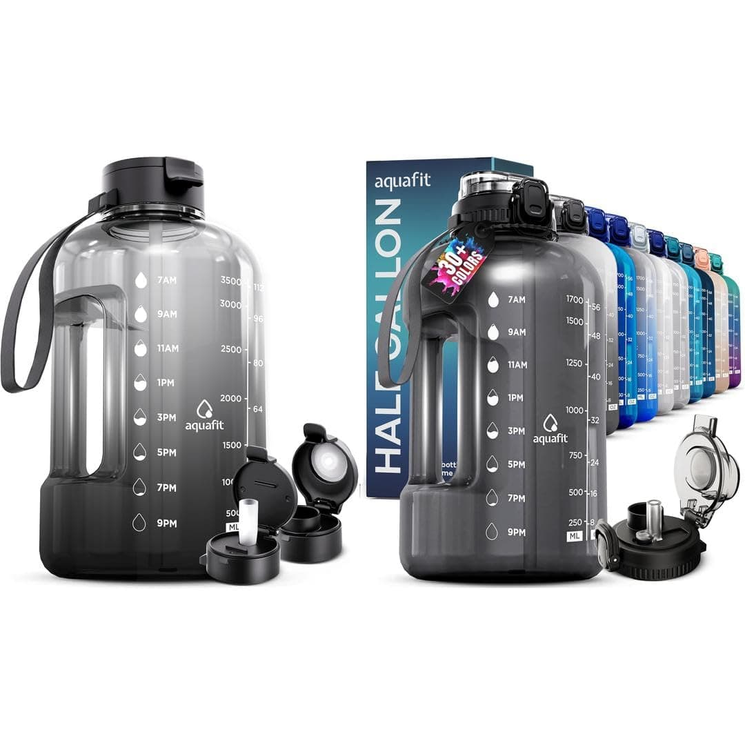AQUAFIT 2 Pack - 1 Gallon & 64 oz Water Bottles With Time Marker & Straw - BPA Free for Gym