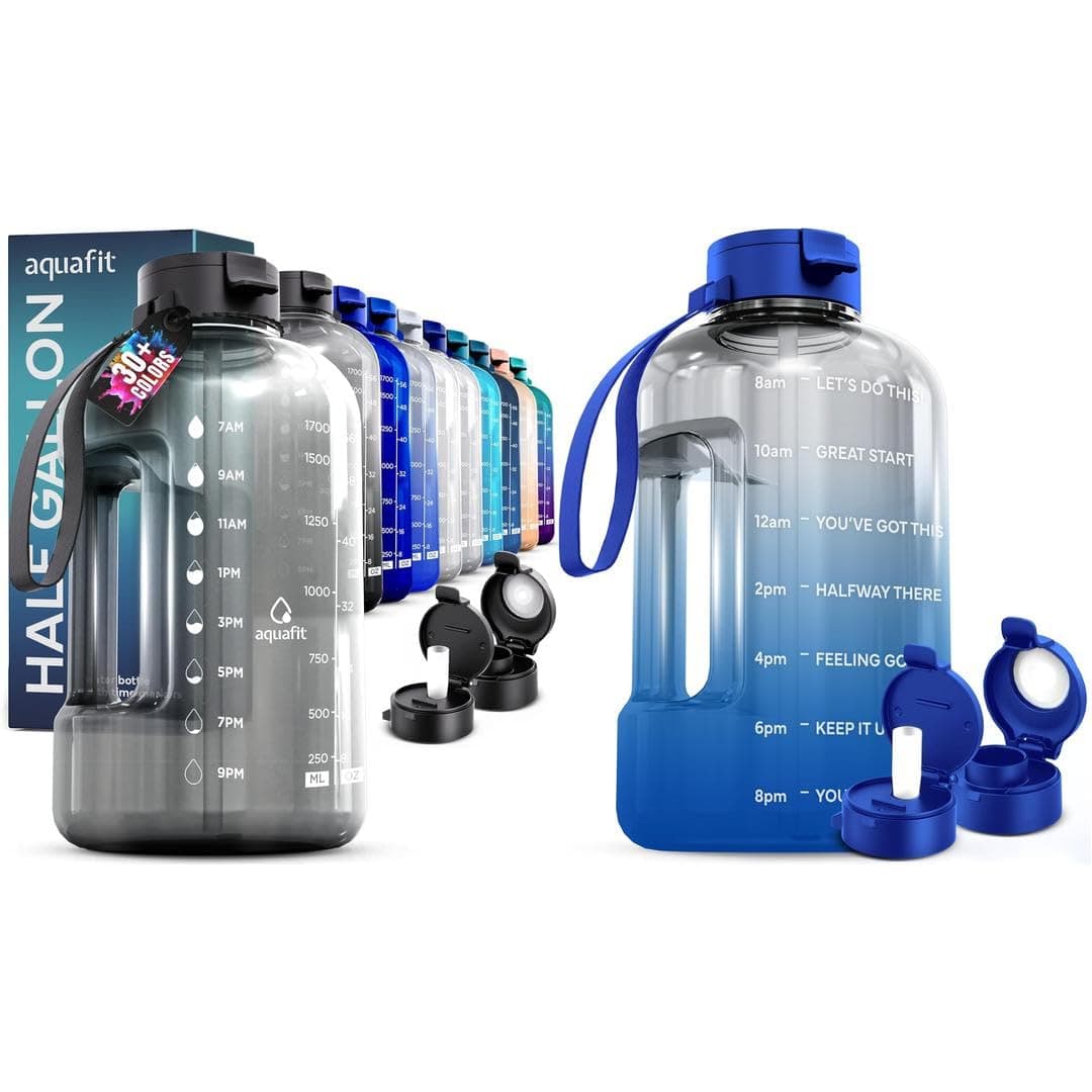 AQUAFIT 2 Pack: 1 Gallon Water Bottle with Time Marker + 64 oz Half Gallon Bottle