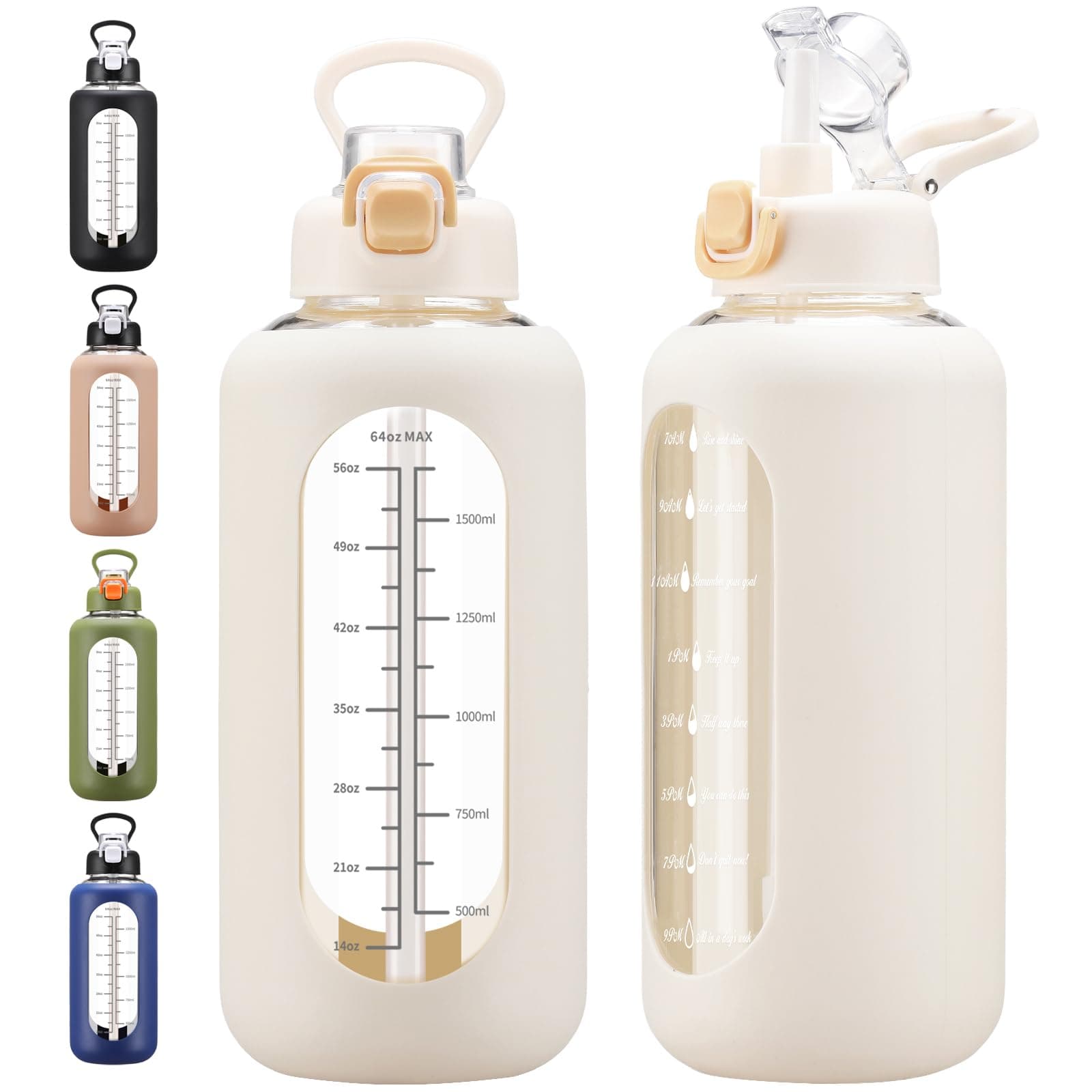 Large 64 oz Motivational Water Bottle with Straw & Time Marker
