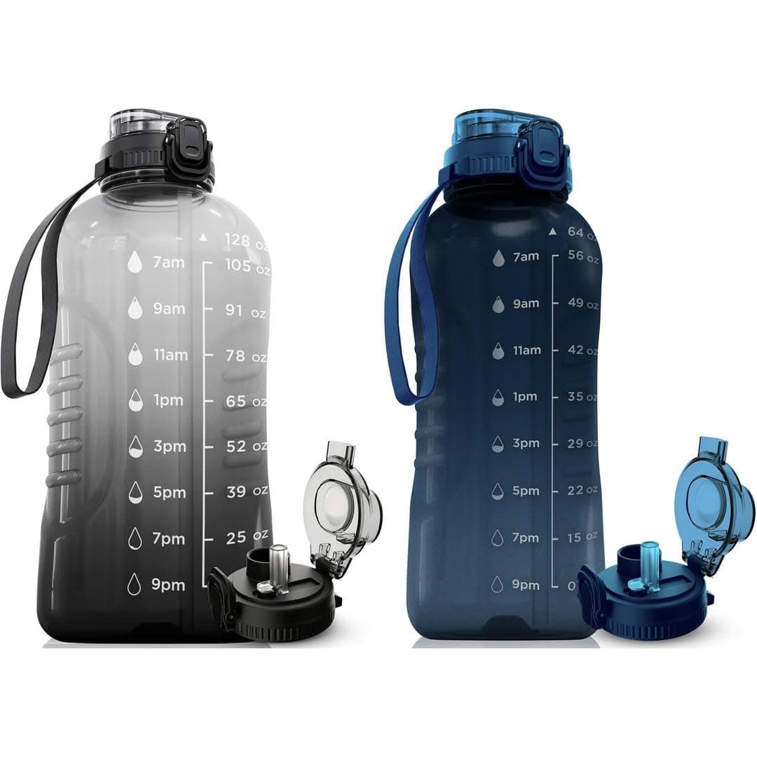 AQUAFIT 128 oz Water Bottle with Time Marker - 2-in-1 Straw & Chug Lid