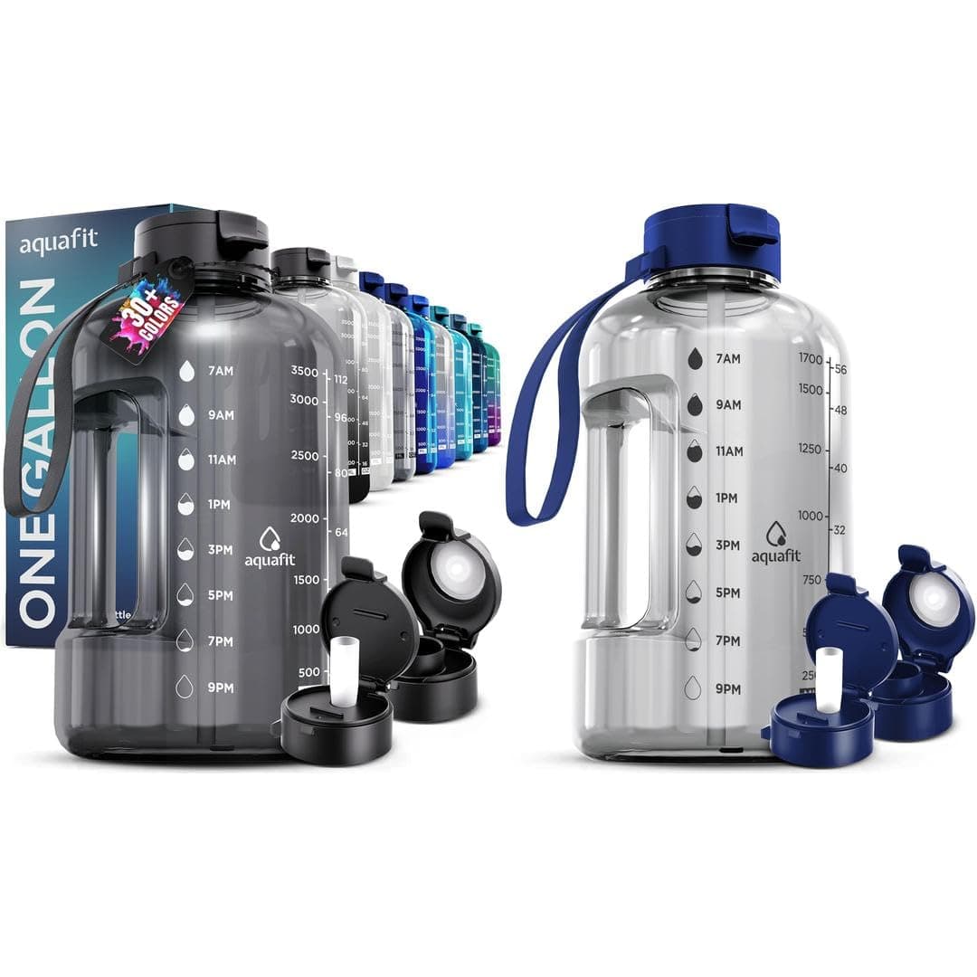 AQUAFIT 2 Pack: Half & Gal Gallon Bottles with Time Markers & Straws