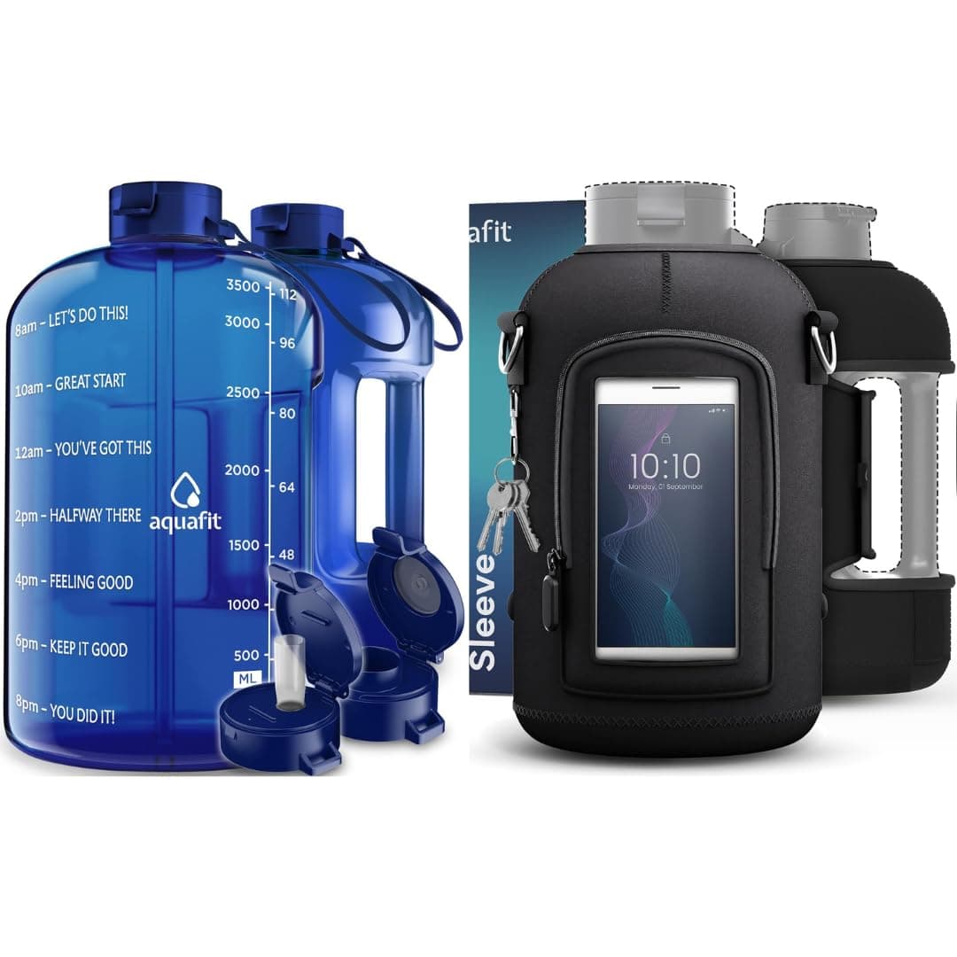 AQUAFIT 2 Pack - 1 Gallon Water Bottle With Time Marker and Neoprene Sleeve