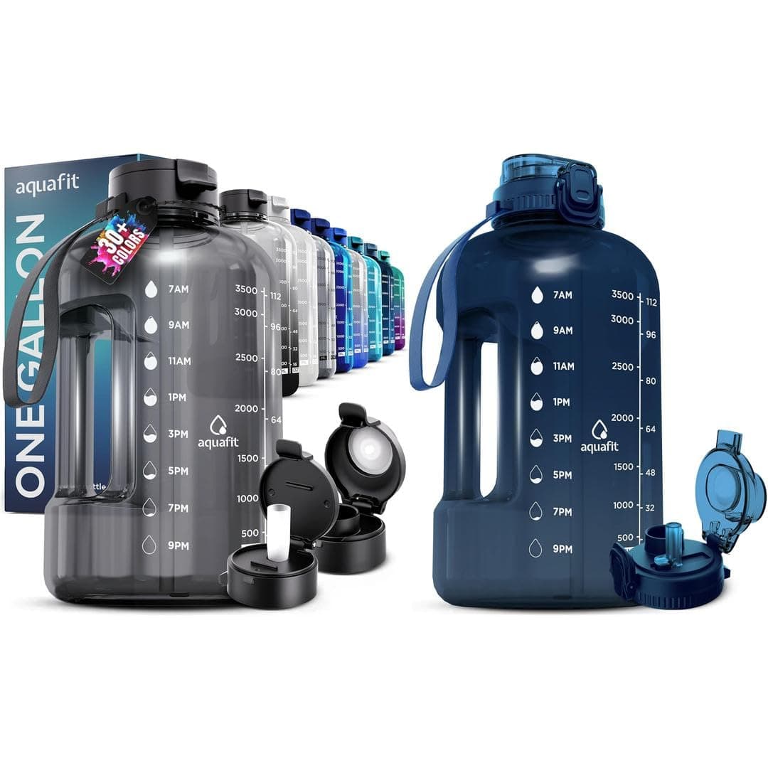 AQUAFIT 2-Pack 1 Gallon Water Bottles with Straw - BPA Free & Time Marker