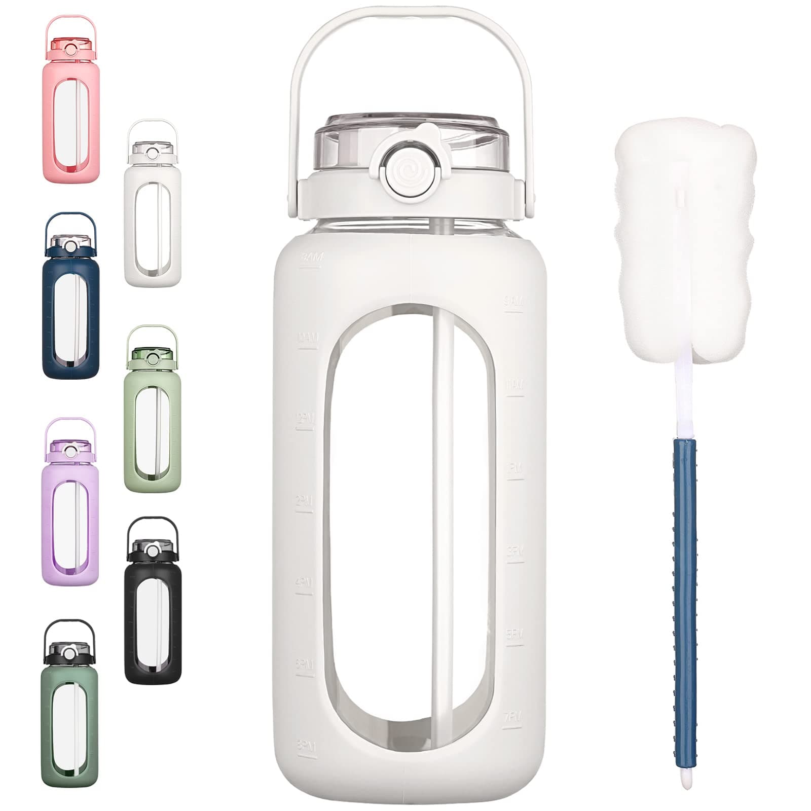 BLUEGO 64oz Large Glass Water Bottle with Straw & Time Marker, White