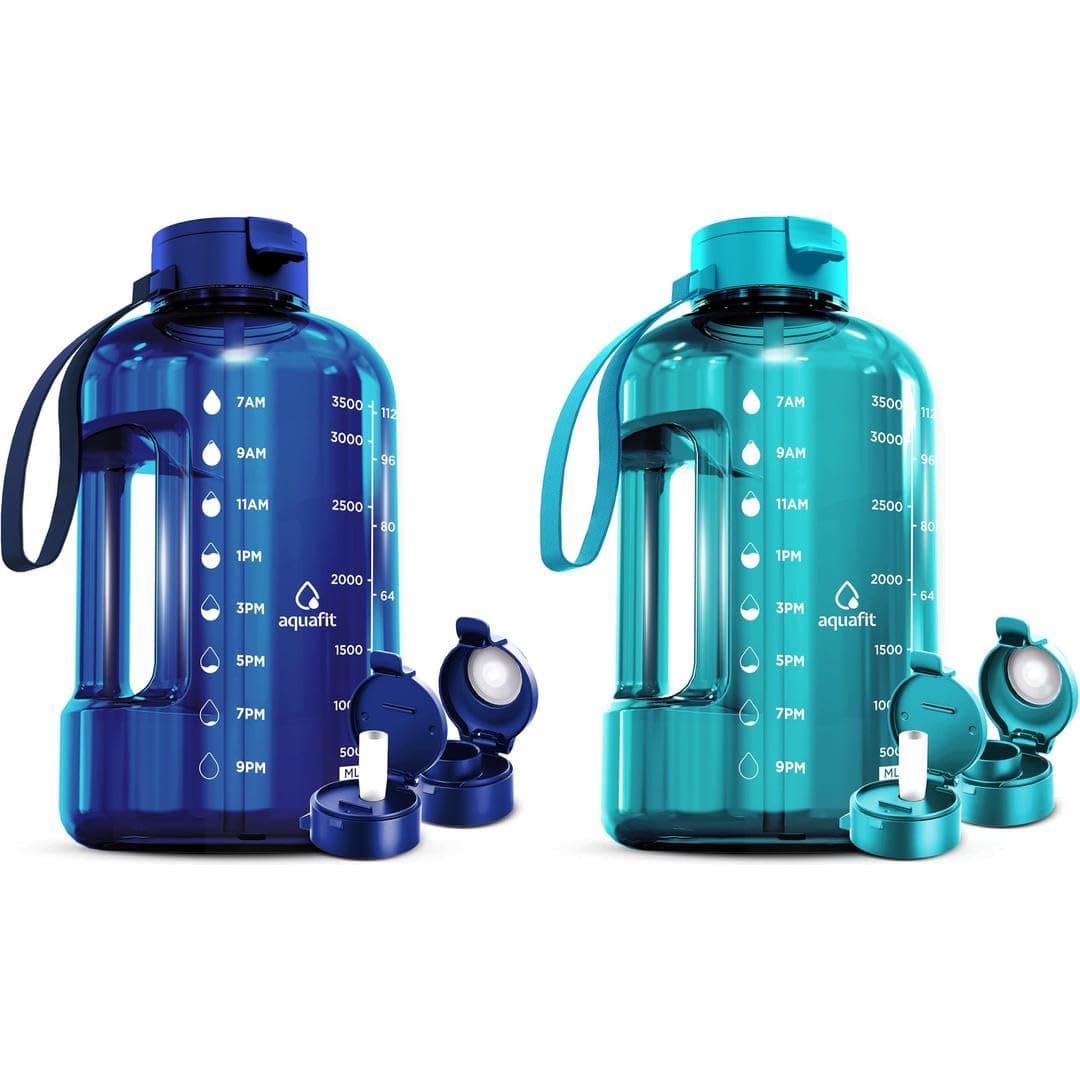 2 Pack AQUAFIT 1 Gallon Water Bottles With Time Marker and Straw - BPA Free Gym Jug