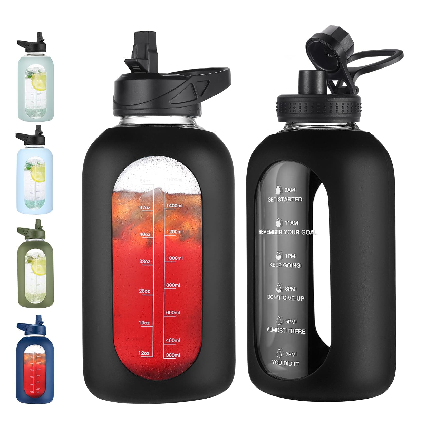Half Gallon Glass Water Bottle with Straw and Handle, Black