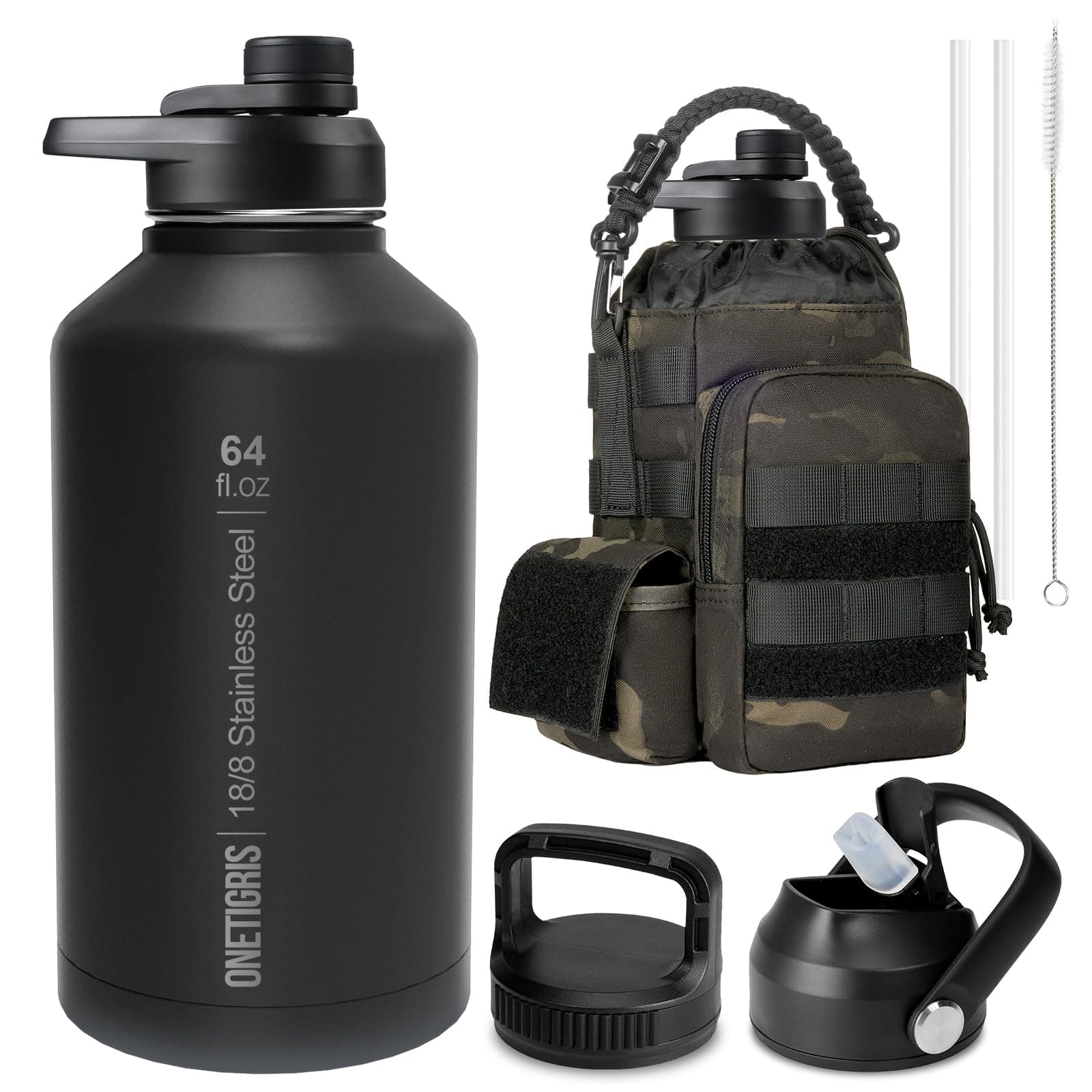 OneTigris 64 oz Insulated Stainless Steel Water Bottle with Straw & Paracord Handle