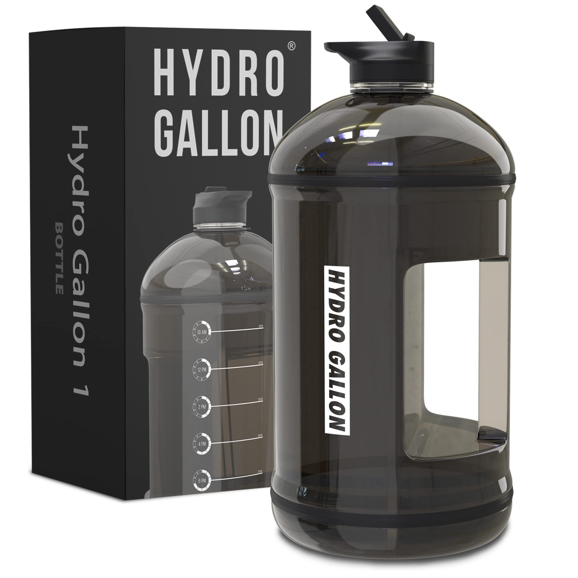 1 Gallon Water Bottle Jug with Straw & Spout Lid, Handle, Time Marker, BPA Free, 128oz (Black)