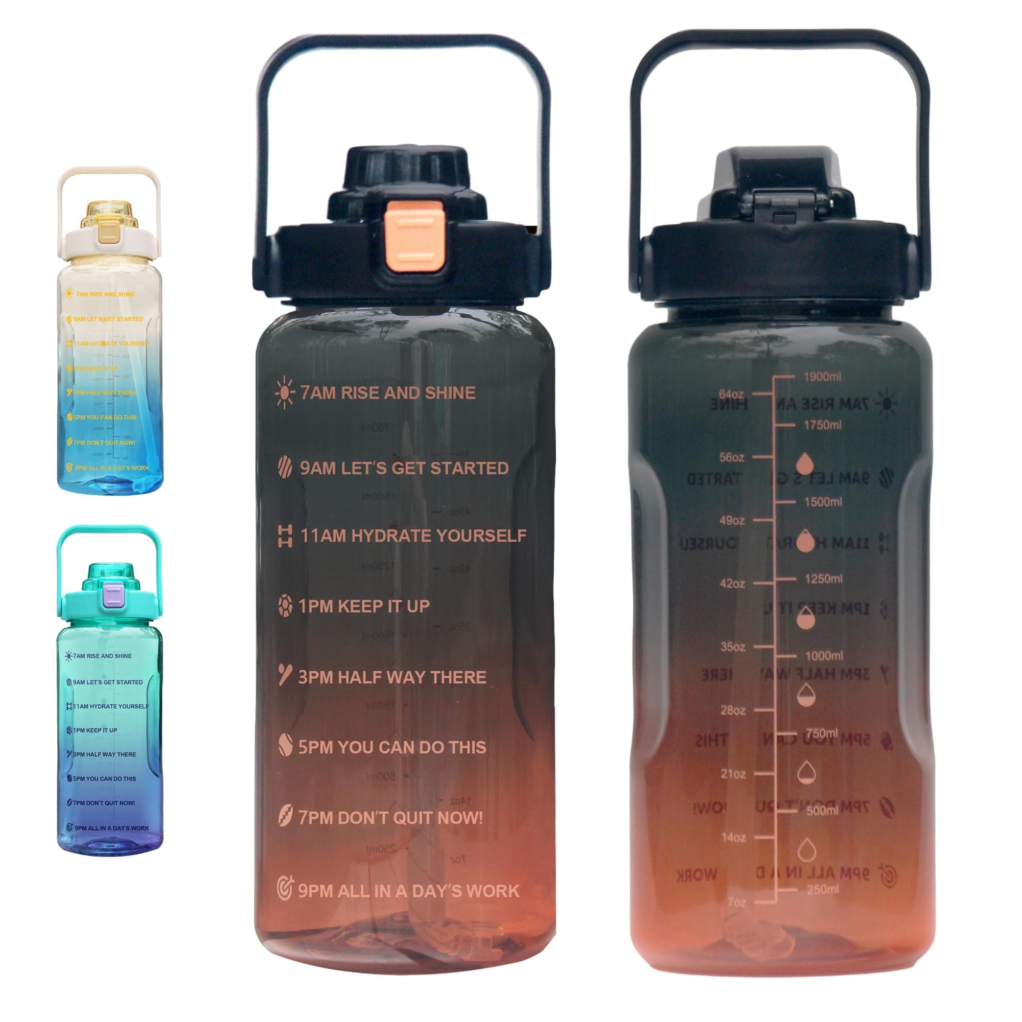 Large Motivational Water Bottle with Time Marker, Leakproof & BPA Free, 64oz-128oz