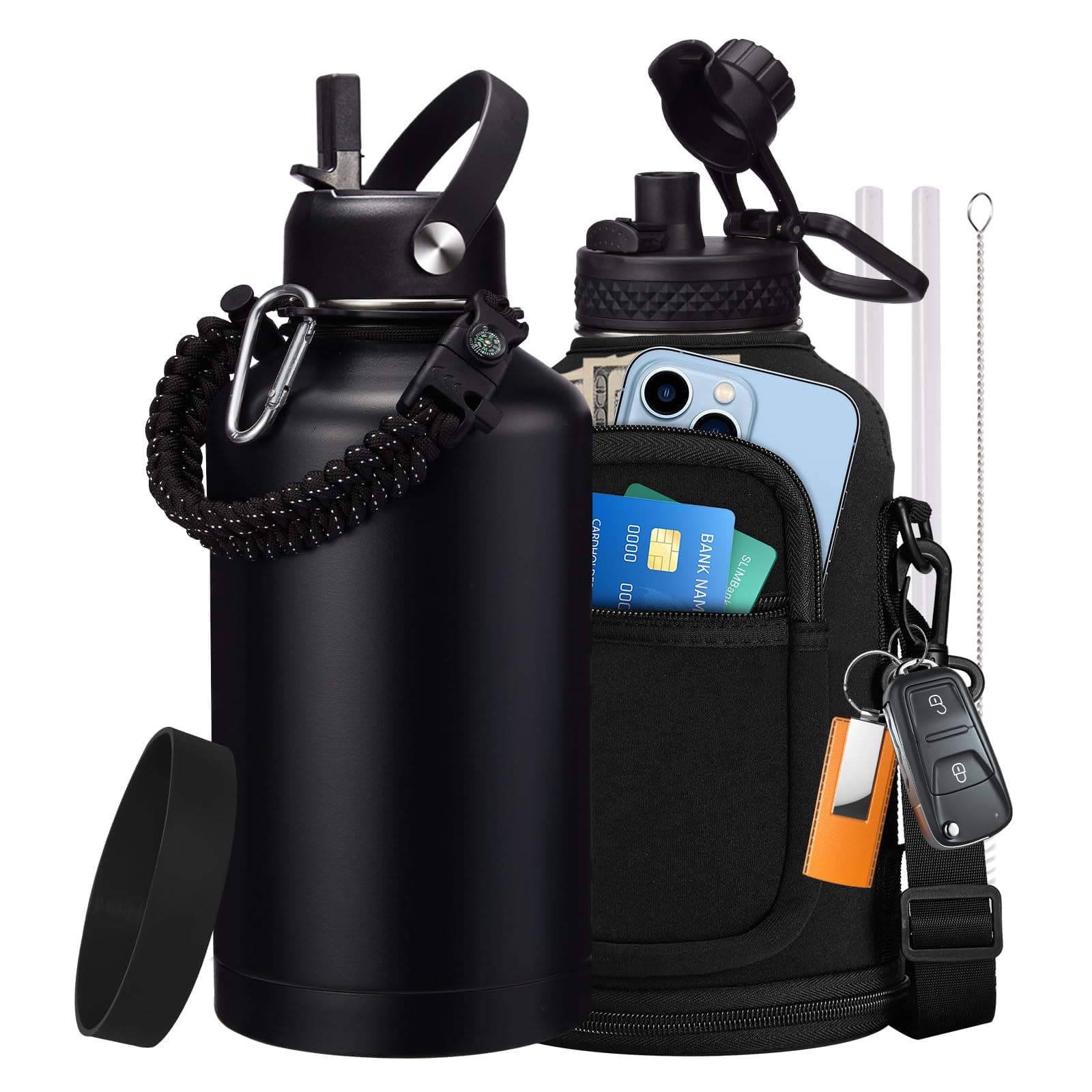 Thermo Mug Water Bottle with Straw & Auto Spout, Paracord Handle & Strap Carrier
