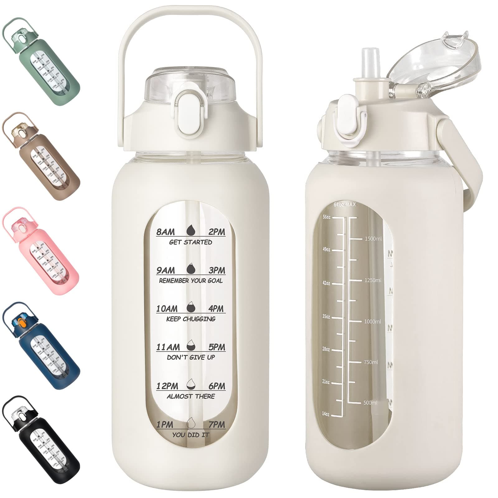 Motivational 64oz Glass Water Bottle with Straw, Silicone Sleeve & Time Marker, Leakproof White Jug for Gym, Home, Offic