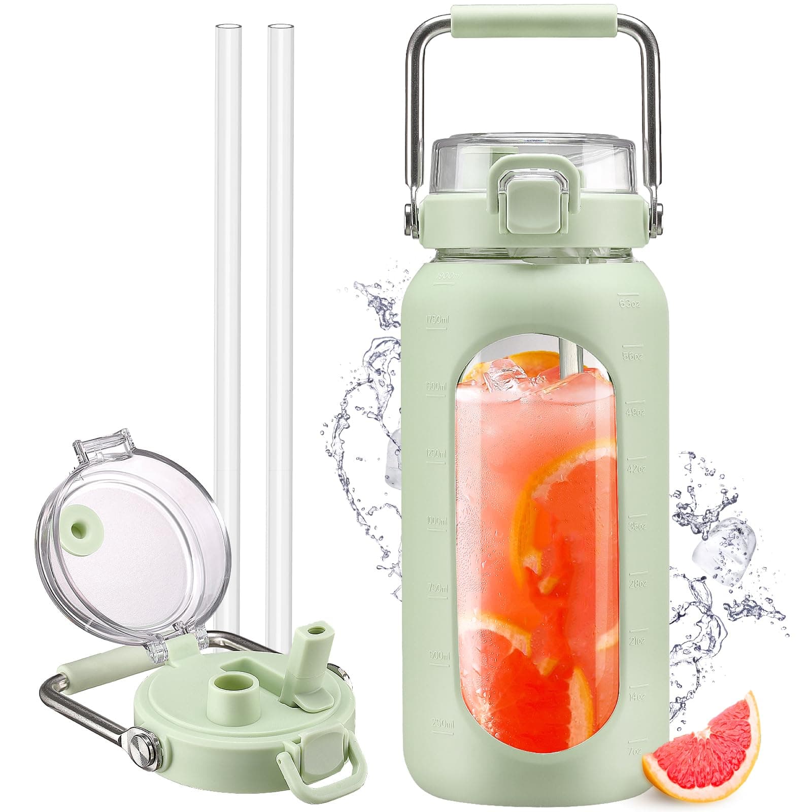 Motivational 64oz Glass Water Bottle with Straw and Stainless Handle