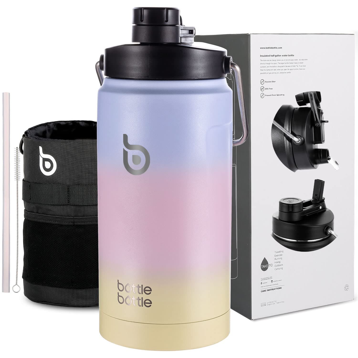 Insulated Water Bottle 64 oz Straw Dual-Use Lid Purple Pink Yellow