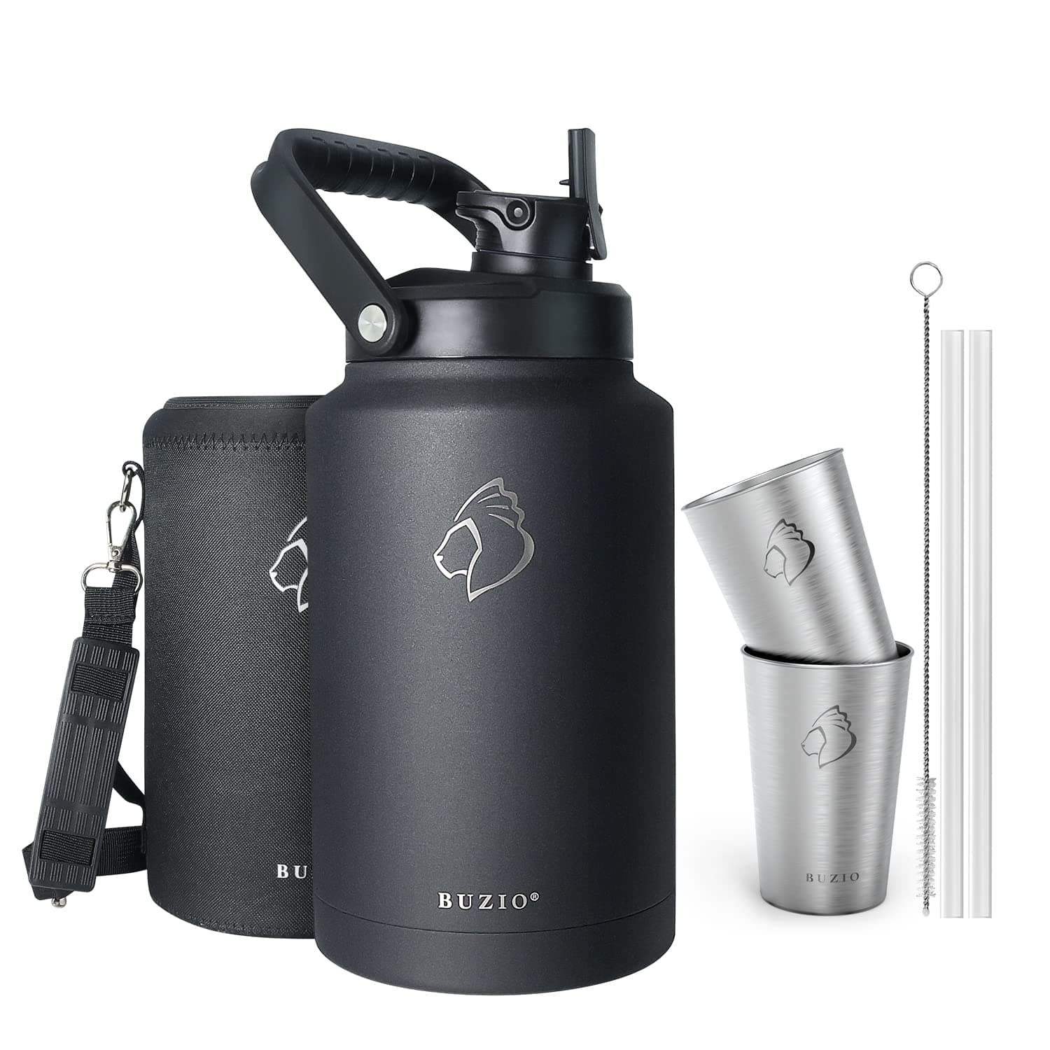 Buzio 128oz Insulated Water Bottle with Straw Lid & 2 Beer Cups, Black