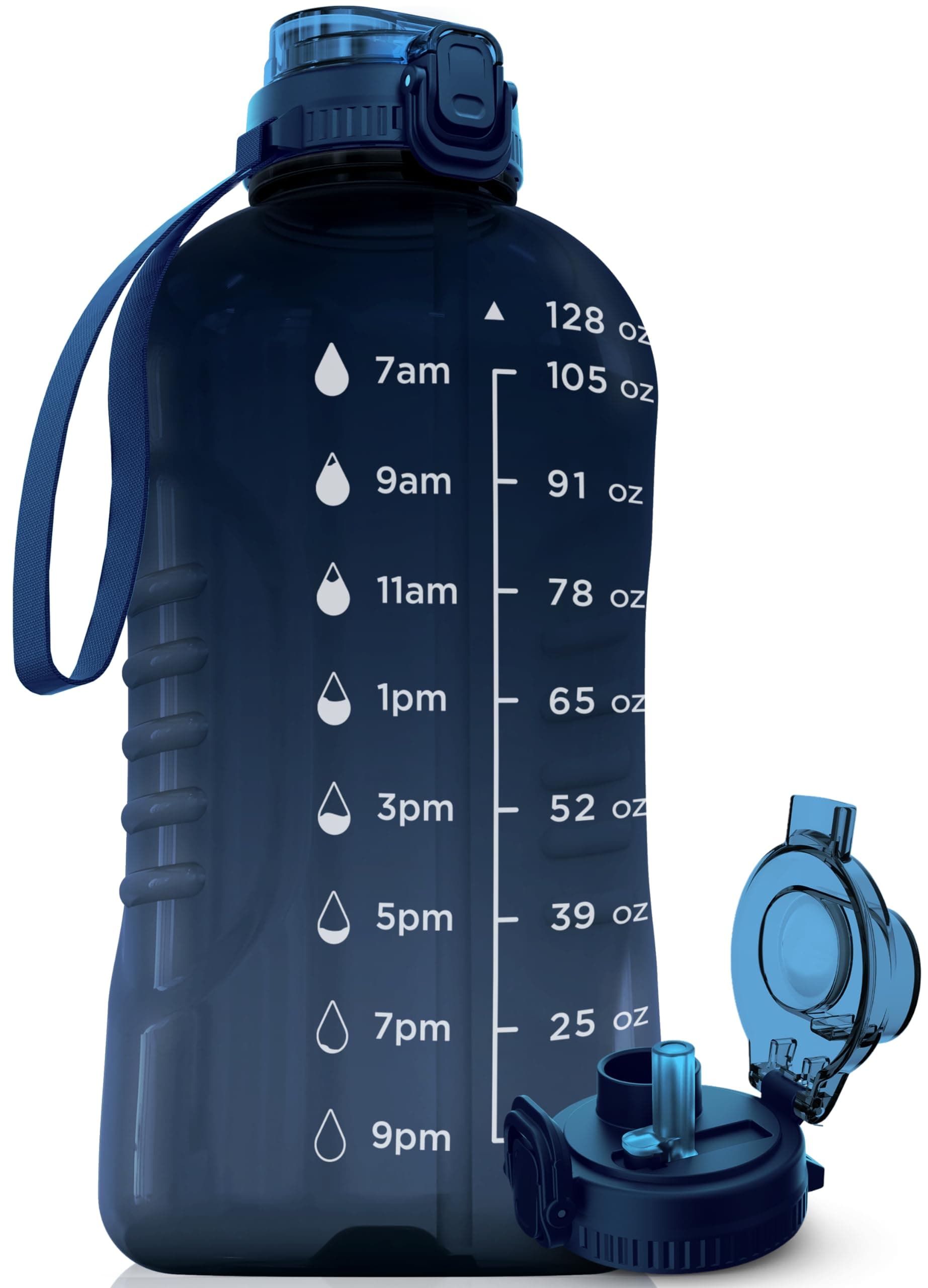 AQUAFIT 128 oz Nebula Water Bottle for Gym with Straw & Chug Lid - BPA Free Timer Marked Anatomical Big Jug with Strap