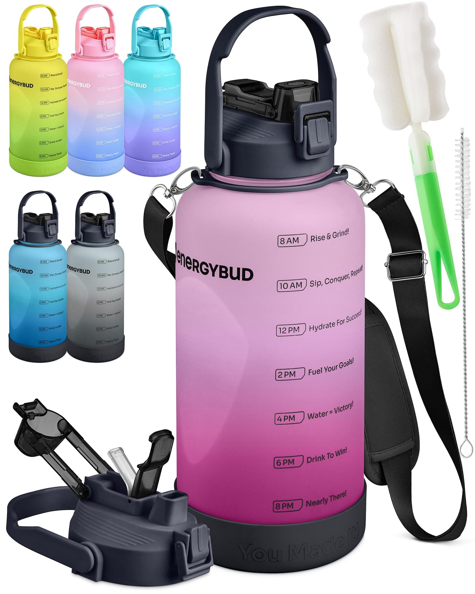 Tritan 1 Gallon Water Bottle with Straw & 6-in-1 Cap | Leakproof, Motivational Markers | No BPA