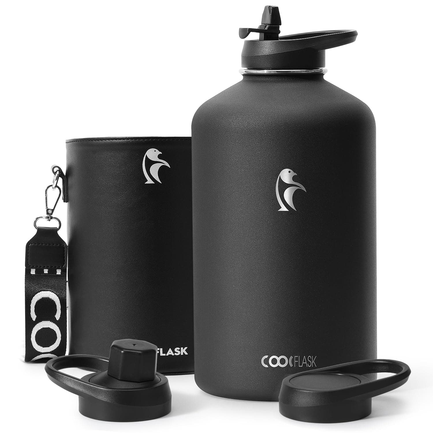 Coolflask 128 oz Insulated Water Bottle with PU Sleeve, Polar Black, Color Contrast Straw Lid