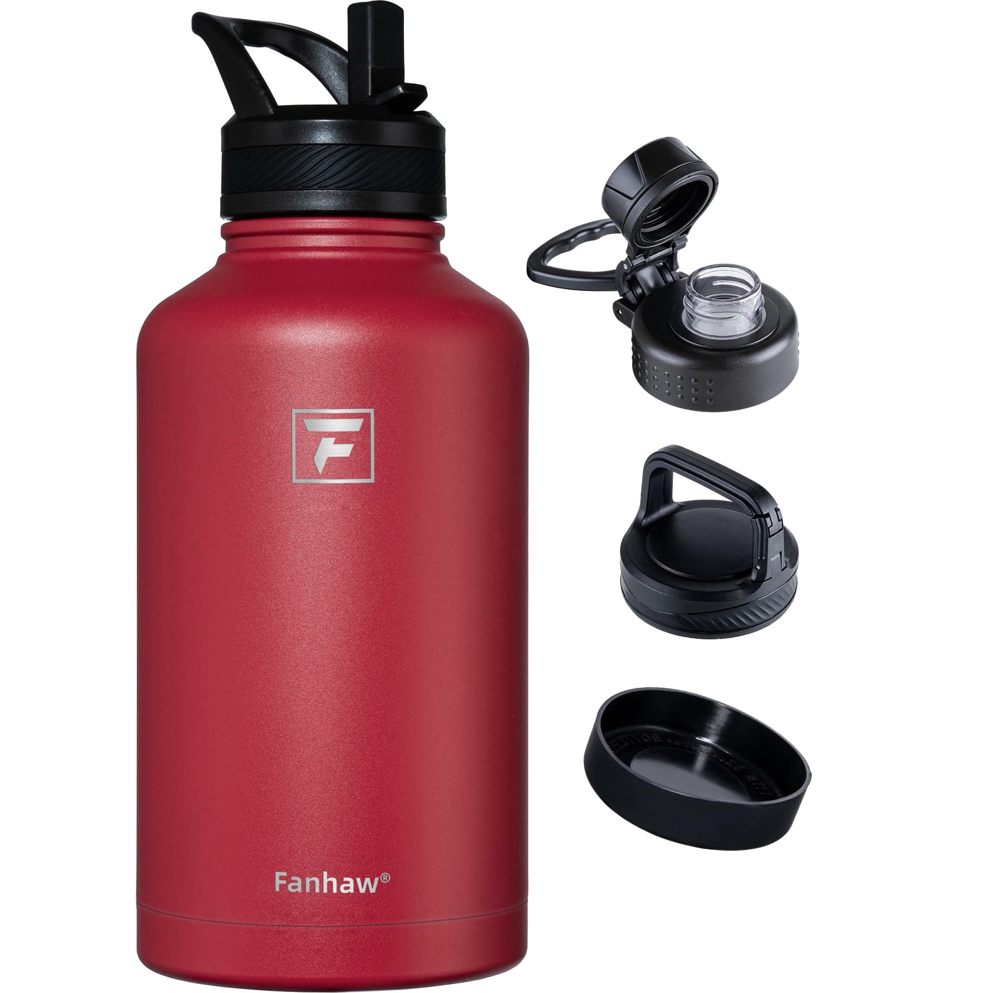 Fanhaw 64 oz Red Stainless Steel Insulated Water Bottle (Straw, Spout, Carabiner Lids)