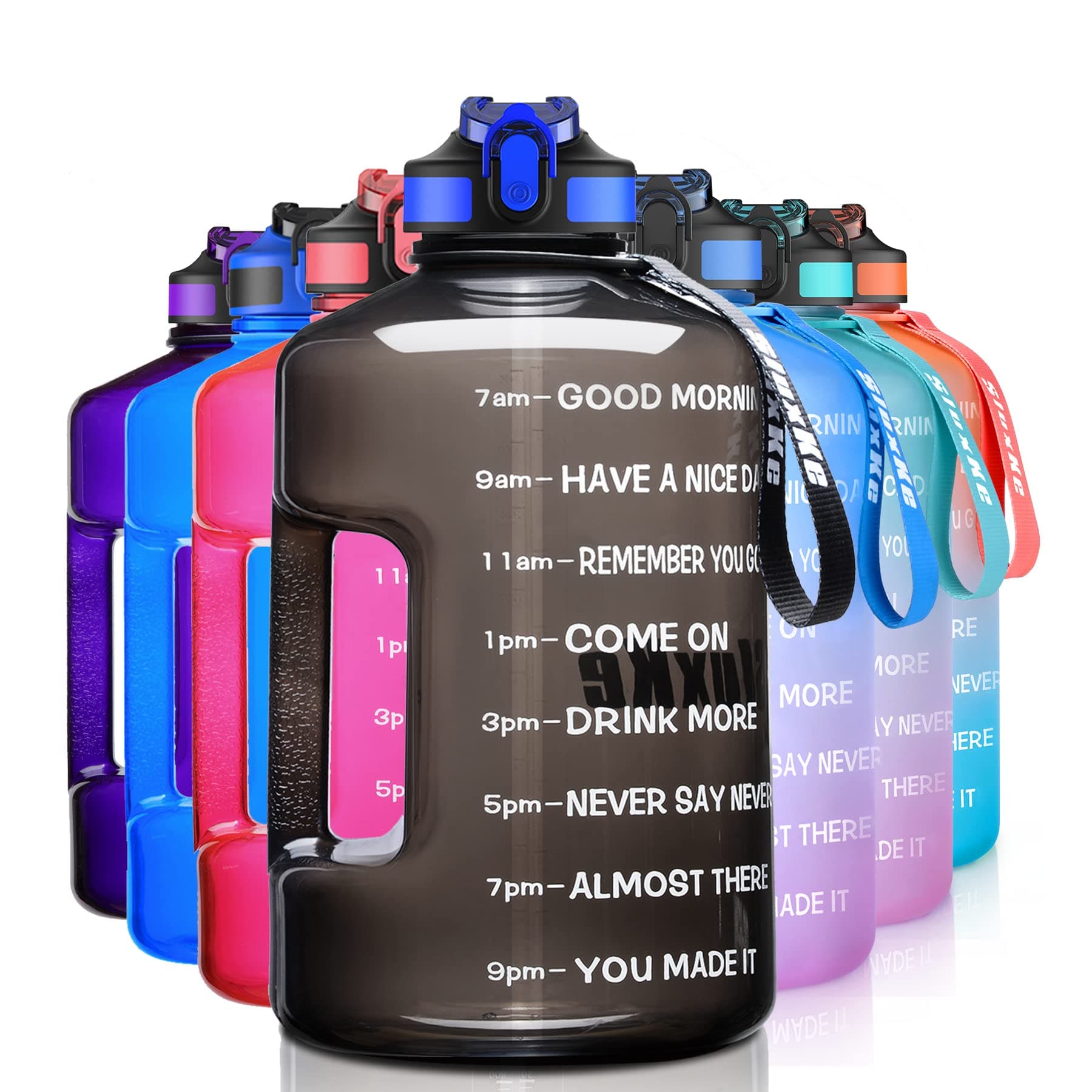 1 Gallon BPA Free Sports Water Bottle with Time Marker, Fitness Enthusiasts, Outdoor Activities, Leak Proof, 128oz, Black, Plastic