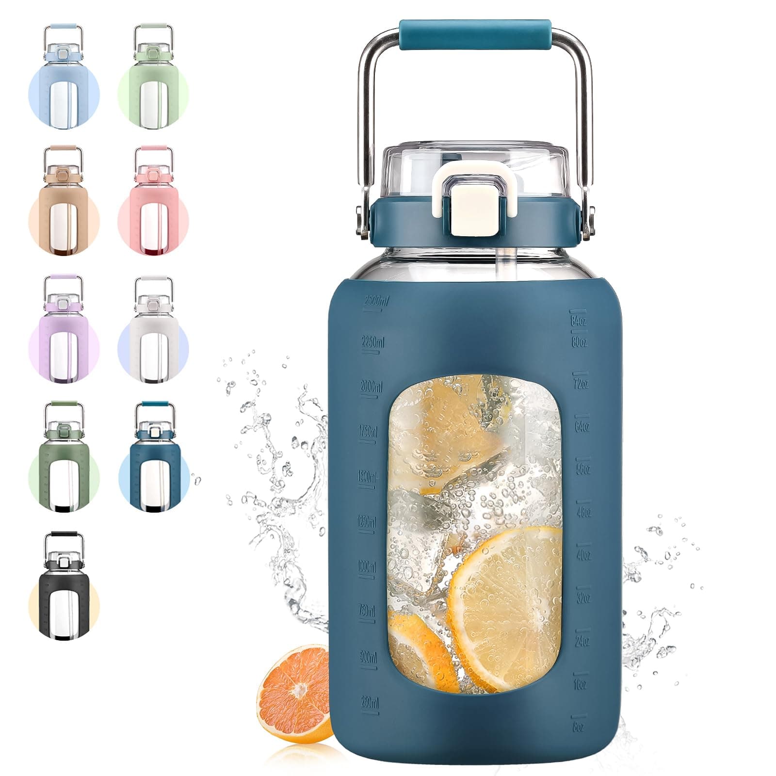 Dark Blue 84oz Glass Water Bottle with Stainless Steel Handle