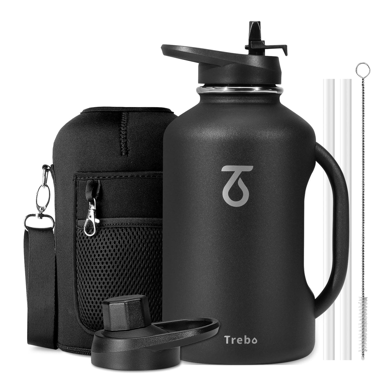 Trebo Double Wall Insulated 64oz Water Bottle with Straw Lid,Black