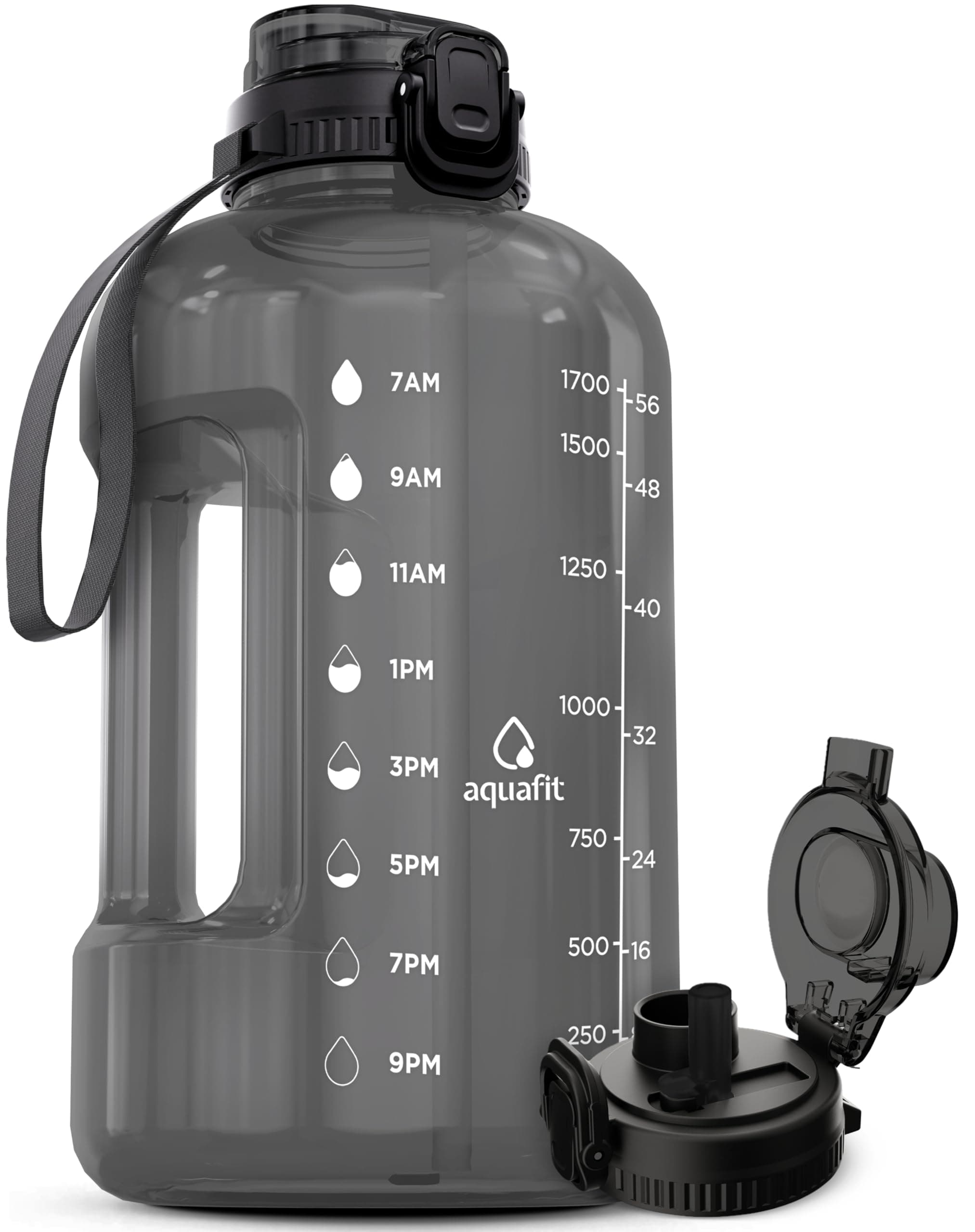 AQUAFIT Half Gallon Water Bottle With Time Marker - Straw & Chug Lid - Big Water Bottle With Straw - BPA Free Gym Water Bottle With Handle - Half Gallon Water Jug (64 oz - 2in1 Lid, Black) -> AQUAFIT Half Gallon Water Bottle with Time Marker and Hand