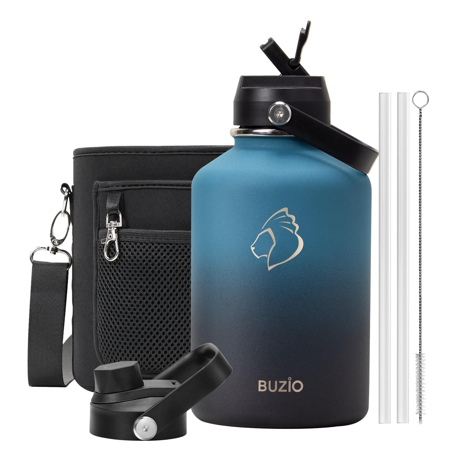 Buzio 64 oz Insulated Water Bottle, Stainless Steel, Straw Lid, Carry Case, Cold 48h, Lead-Free, Indigo Crush