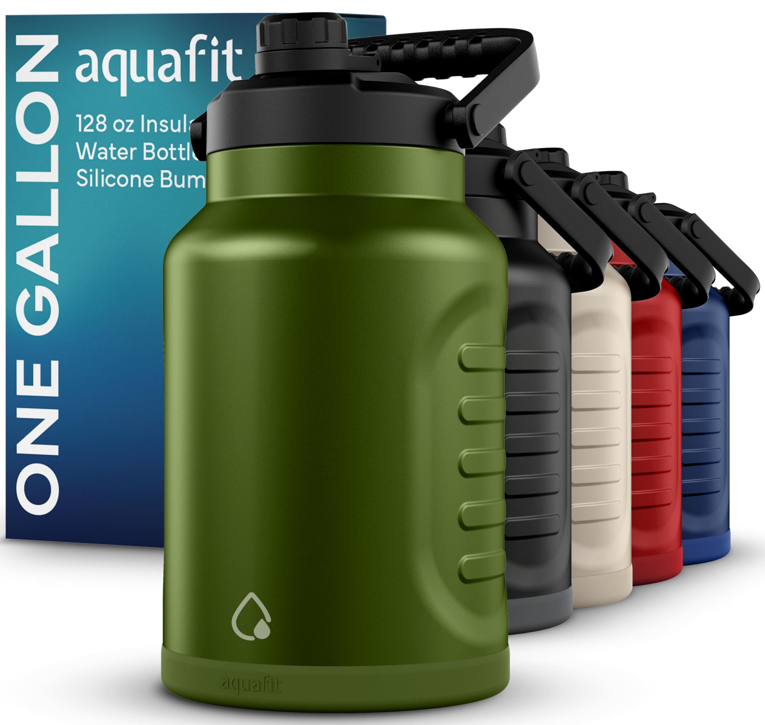 AQUAFIT 1 Gallon Insulated Water Bottle - BPA Free & Leak Proof - 128oz Stainless Steel Jug for Gym, Hiking, Camping & Travel (Military Green)  
AQUAFIT 1 Gallon Insulated Water Bottle (Cold for 48 Hrs) - 128oz Stainless Steel Jug for Gym, Hiking, Ca