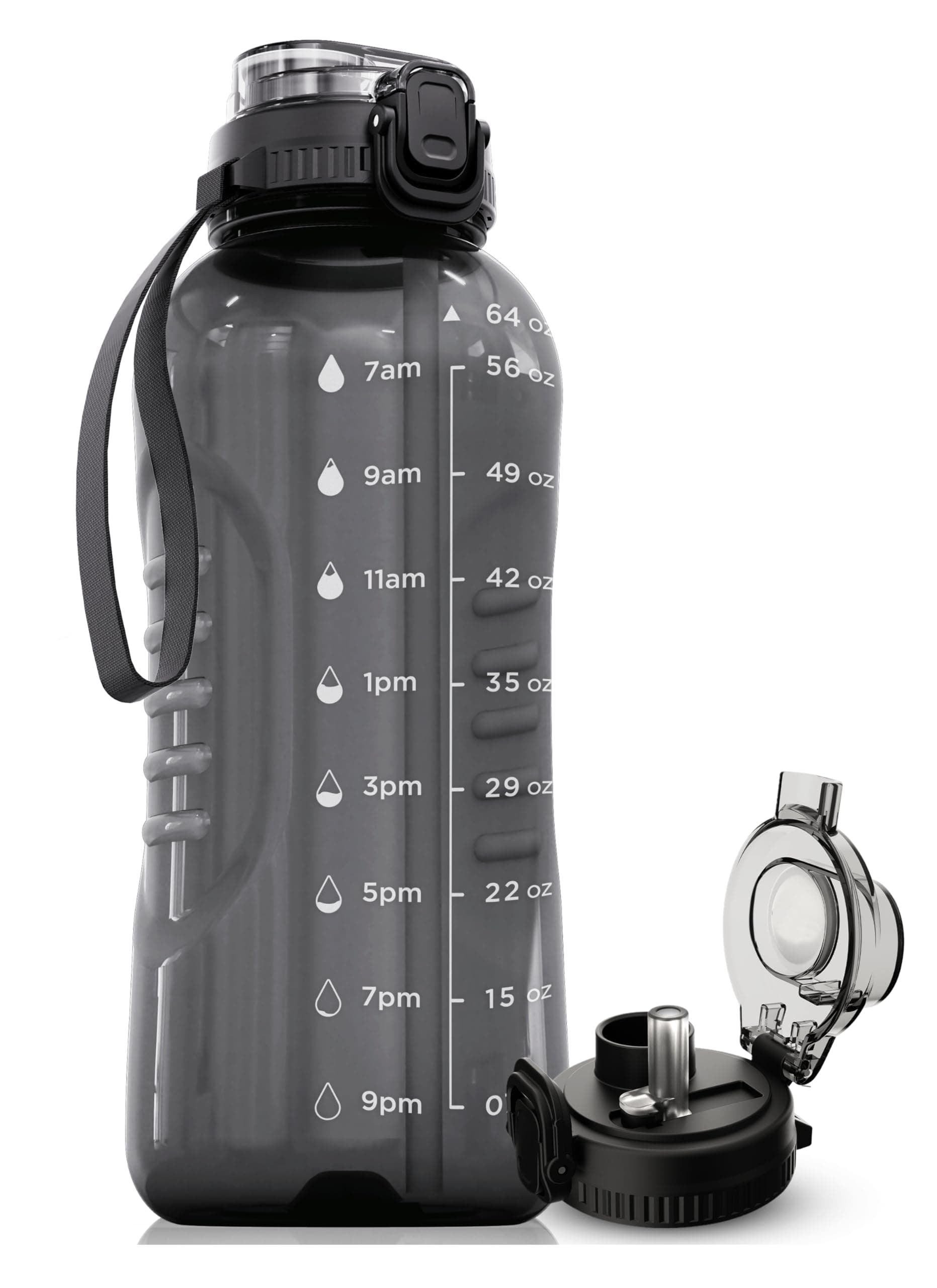 AQUAFIT 64 oz BPA-Free Water Bottle with Time Markers & Dual Lid - Gym-Friendly Water Jug with Strap (Gray)