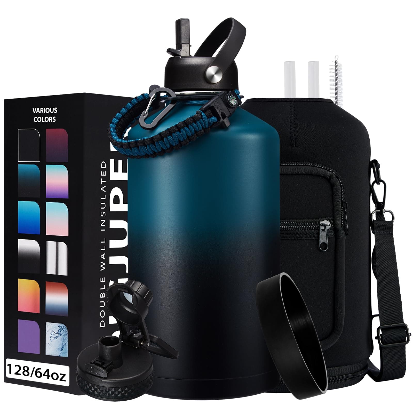 1 Gallon Stainless Steel Insulated Water Bottle with Strap & Sleeve, Straw Lid & Boot Protection