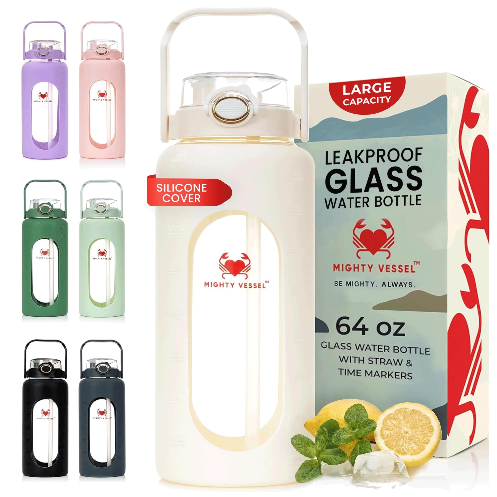 Leakproof Glass 64 oz Water Bottle with Straw - Pregnancy Hydration Tracker