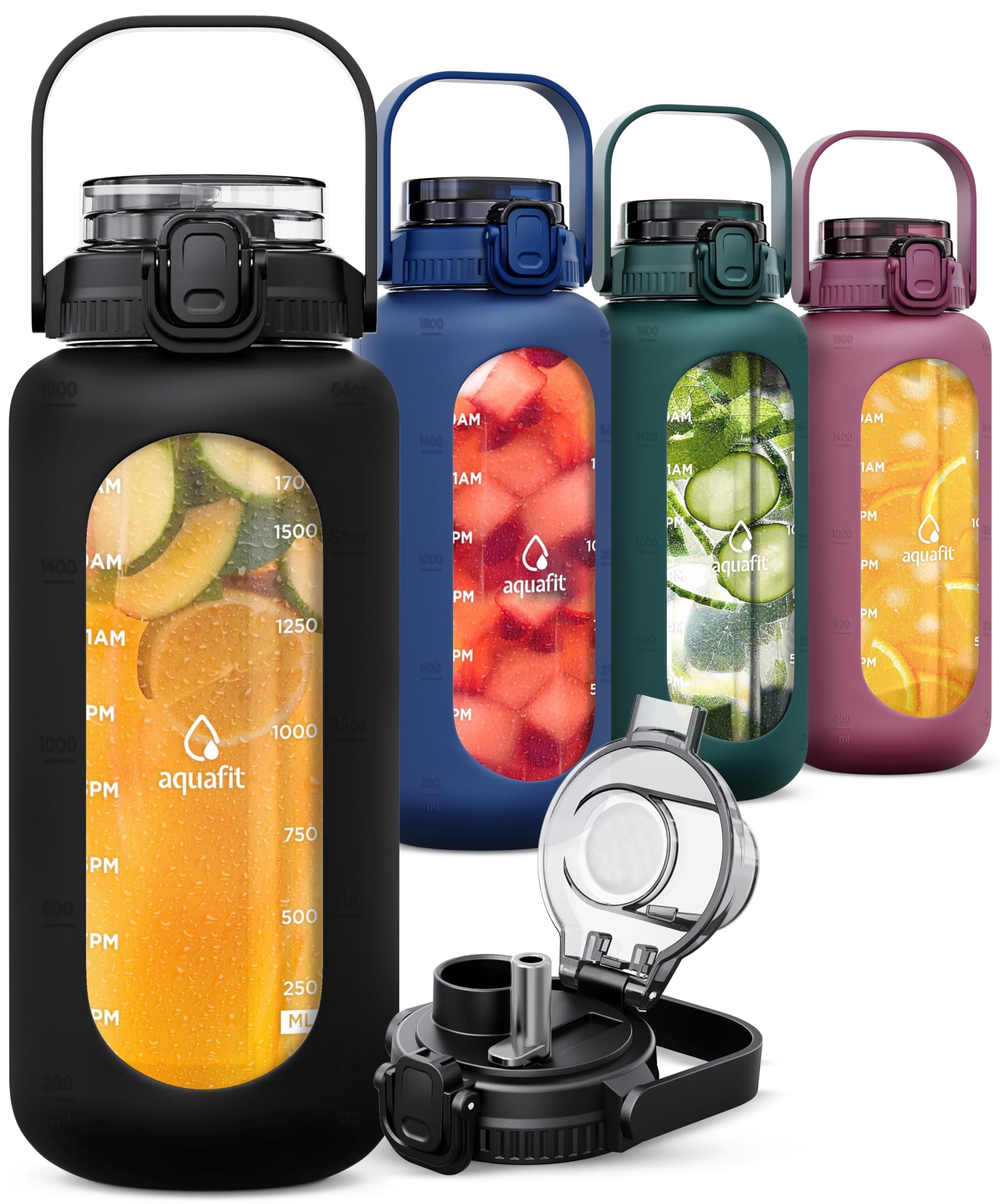 64 Oz Glass Water Bottle with Time Marker - Straw and Chug Lid - Half Gallon Bottle with Sleeve and Handle, Leakproof (Midnight Black)