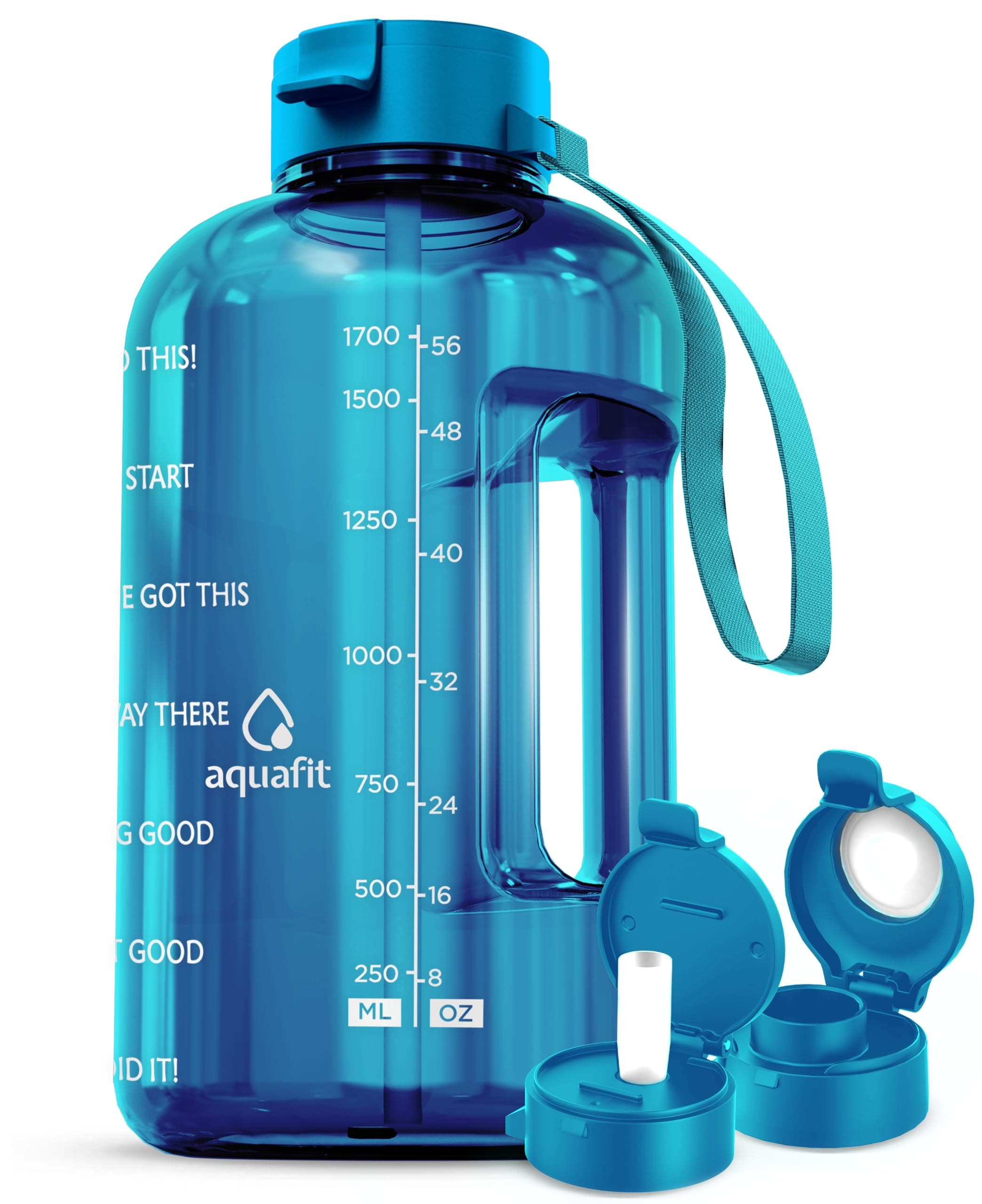 Gym Water Bottle with Time Marker and Straw - 64 oz, BPA Free - Aqua