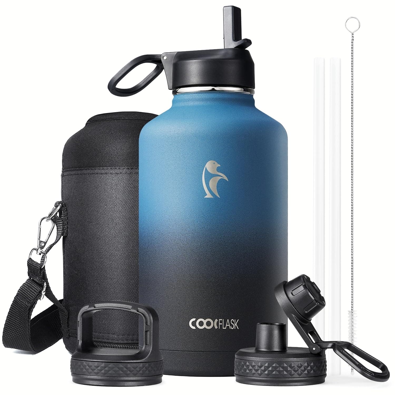 Coolflask Insulated Water Bottle, 64 oz Wide Mouth, Straw & 3 Lids, Keeps Cold 48H, Hot 24H, Samurai Cyan